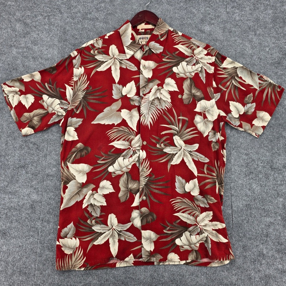 Campia Moda Mens Hawaiian Shirt Medium Red Floral Tropical Rayon Short Sleeve